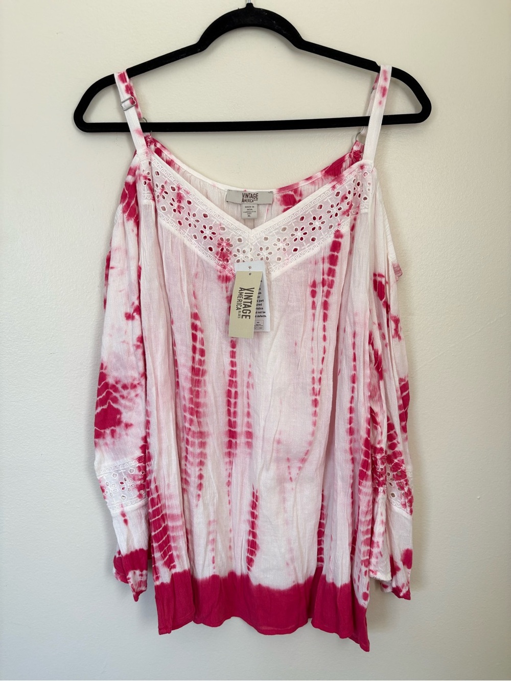 Vintage America Pink and White Tie-Dye Eyelet Blouse Size XL NWT